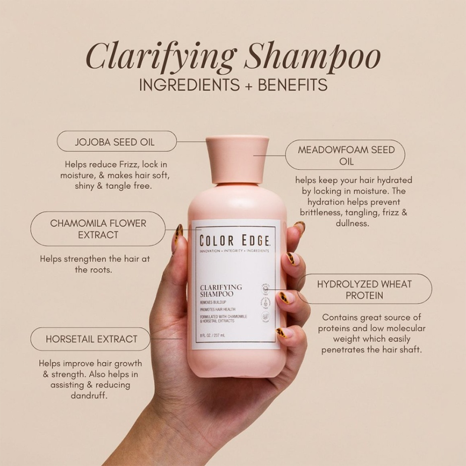 Hand holding a bottle of clarifying shampoo. Made with Jojoba Seed Oil, Chamomila Extract, Horsetail Extract, Hydrolyzed Wheat, Meadowfoam Seed Oil