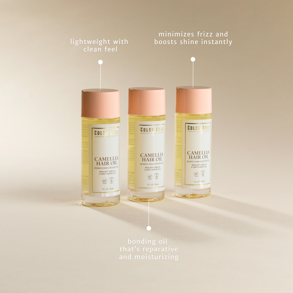 Three bottles of Camellia Hair Oil. Benefits: lightweight, minimizes frizz, reparative and moisturizing bonding oil