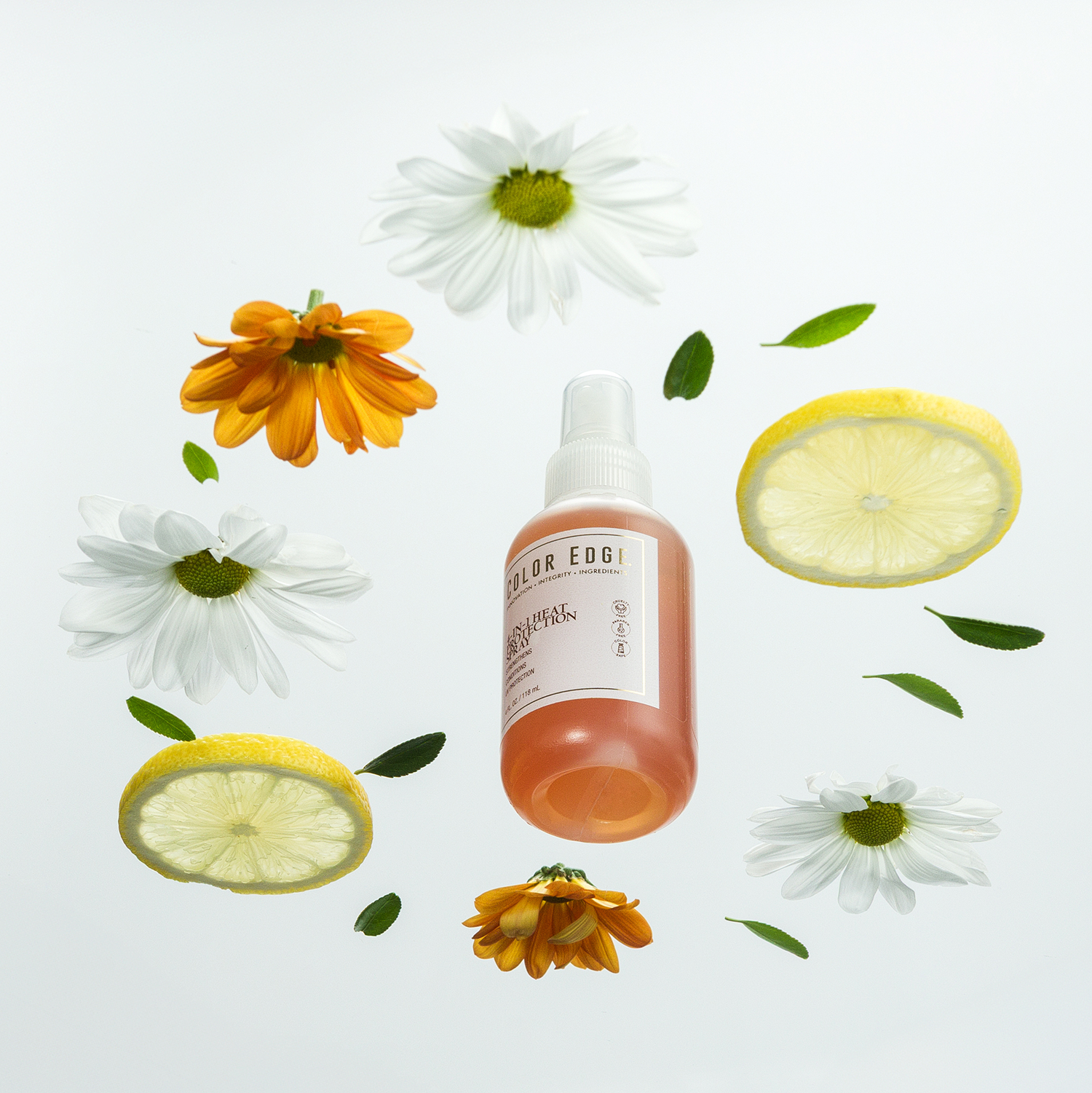 4-in-1 Heat Protection Spray surrounded by flowers