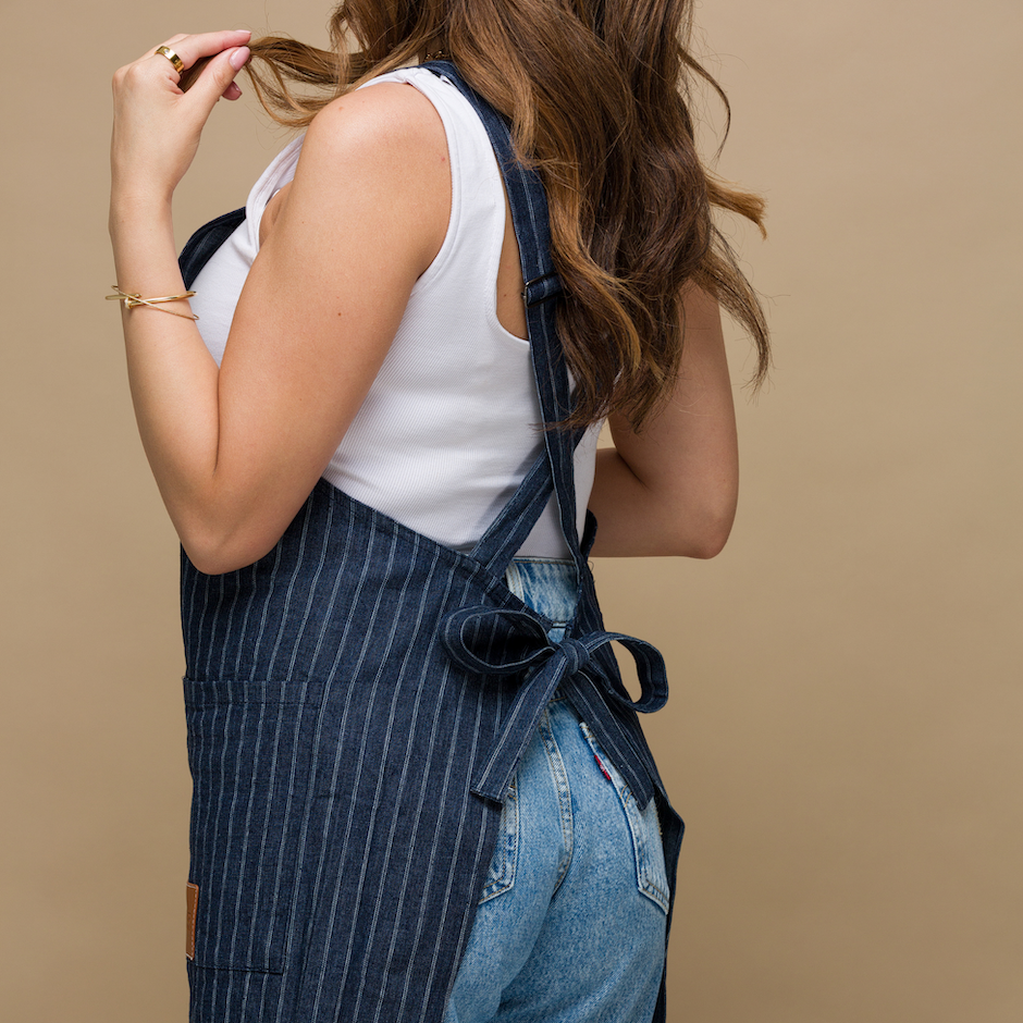 Tie-back details of Denim Pinstriped Apron
