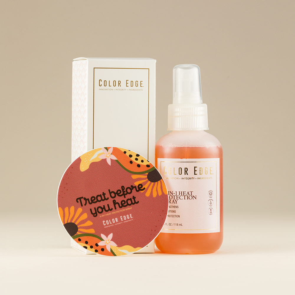 4-in-1 Heat Protection Spray with a "Treat before you heat" sticker