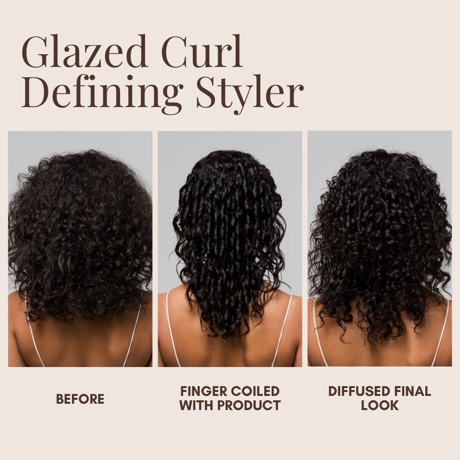 Before, during, and after comparison of hair styled with a Glazed Curl Defining Styler