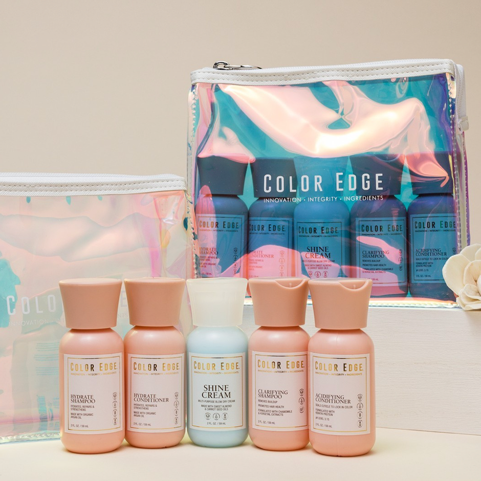 On The Move bundle includes 5 travel size 2oz products and a iridescent bag