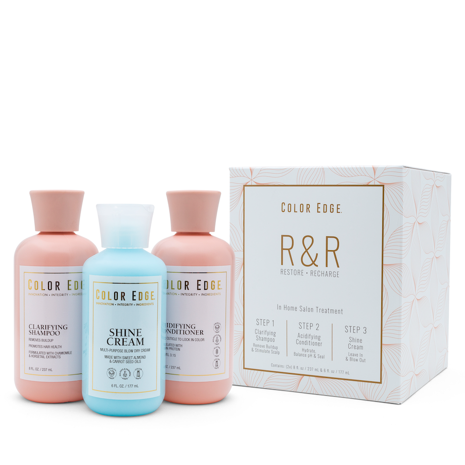 Restore and Recharge bundle. Includes Shine Cream 6oz, Clarifying Shampoo 8 oz, and Acidifying Conditioner 8oz