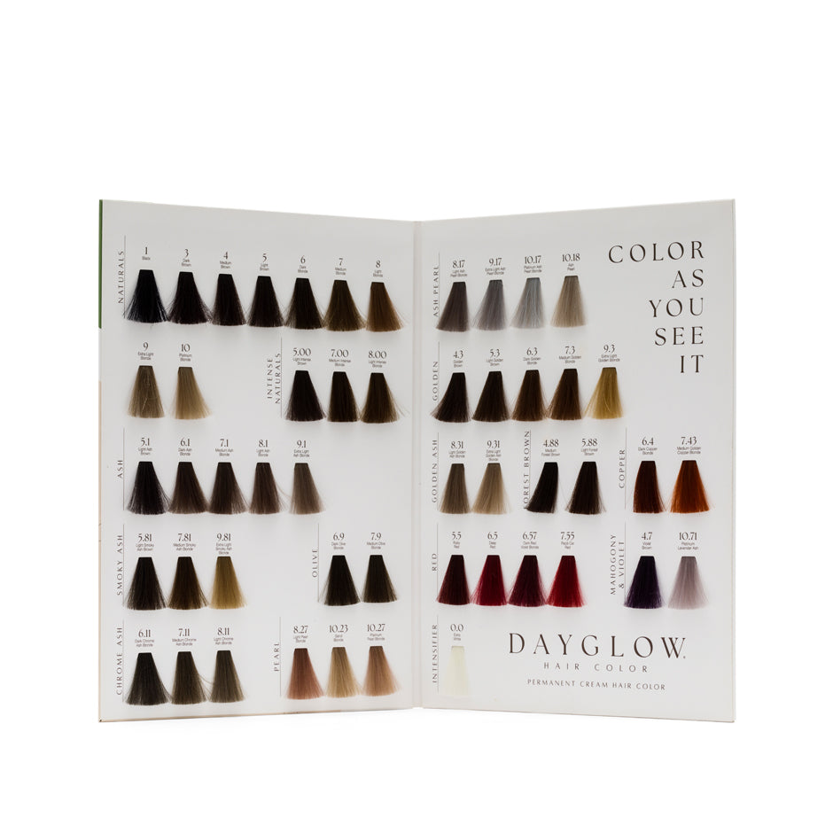 Dayglow Color Chart. Hair swatches are laid out.