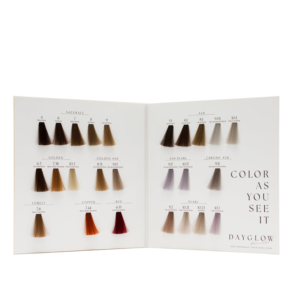 Dayglow Demi Color Chart. Hair swatches are laid out.