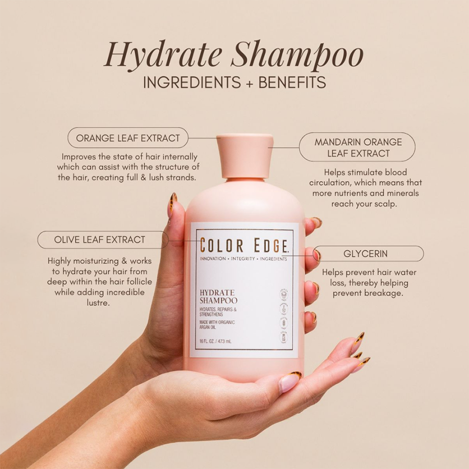 Hydrate Shampoo ingredients: orange leaf extract, olive leaf extract. mandarin orange leaf extract, glycerin