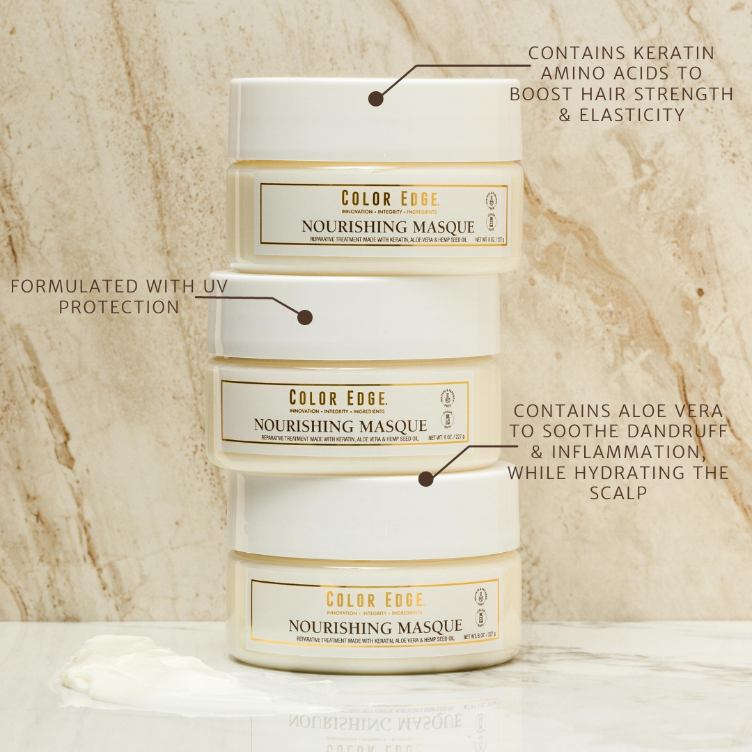Nourishing Masque: made with UV protection, contains aloe vera to sooth inflammation, contains keratin amino acids to boost strength
