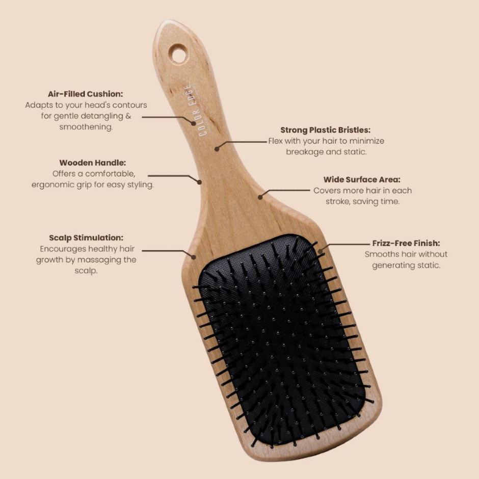 Paddle Brush: air filled cushion, wooden handle, scalp stimulation, strong plastic bristles, wide surface area, frizz-free finish