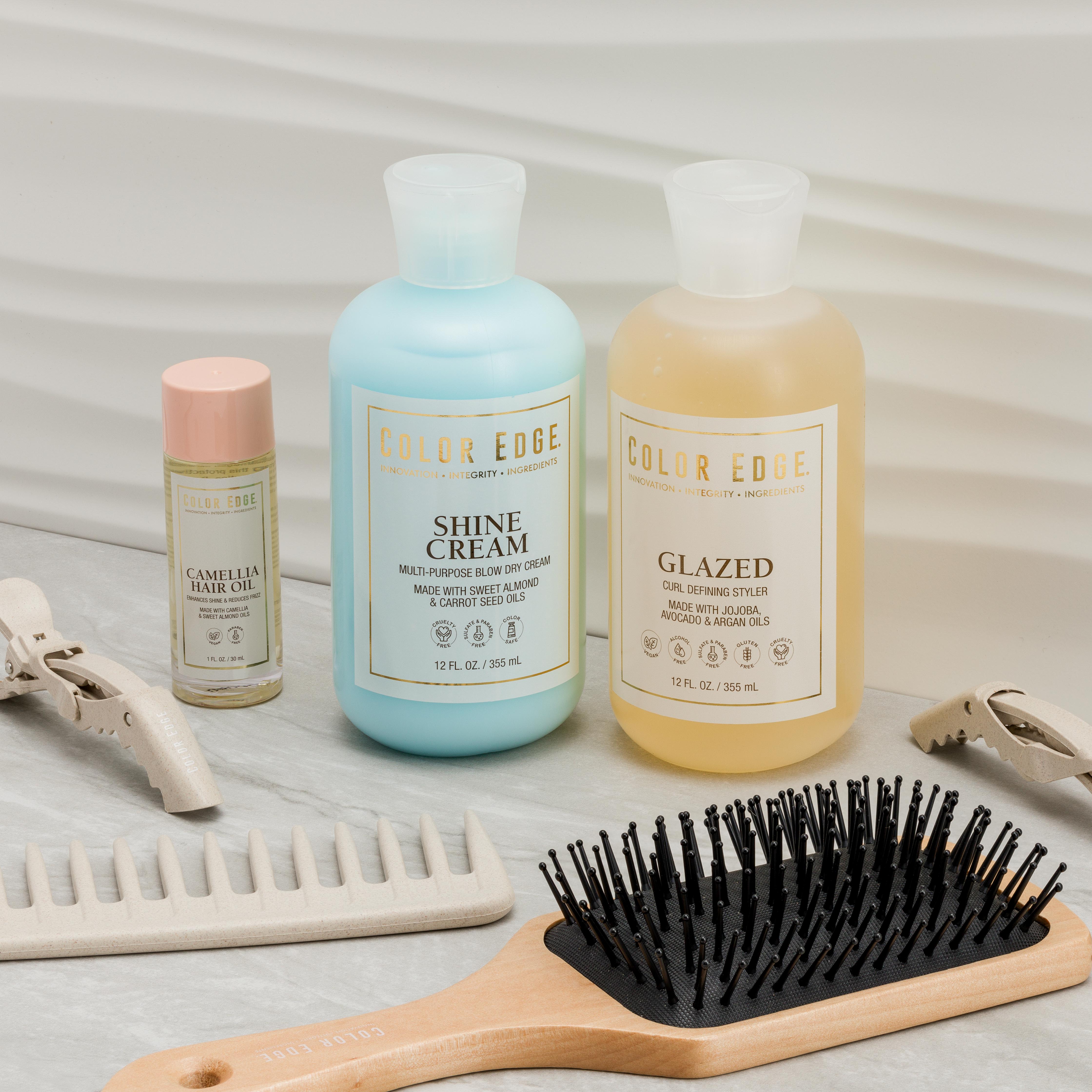 Color Edge Shine Cream and Glazed bottles with tools