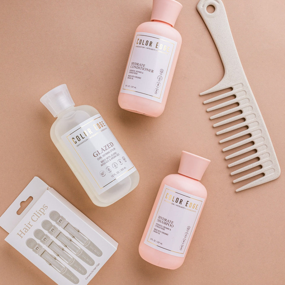 Items included in Drench and Define: Hair Clips, Comb, 8oz Hydrate Shampoo and Conditioner, 12oz Glazed