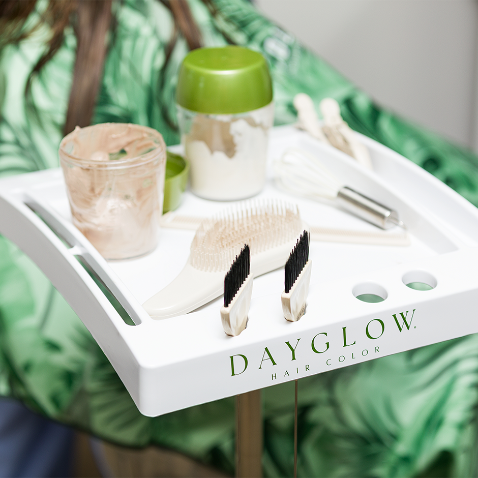 Dayglow salon cart with various coloring products